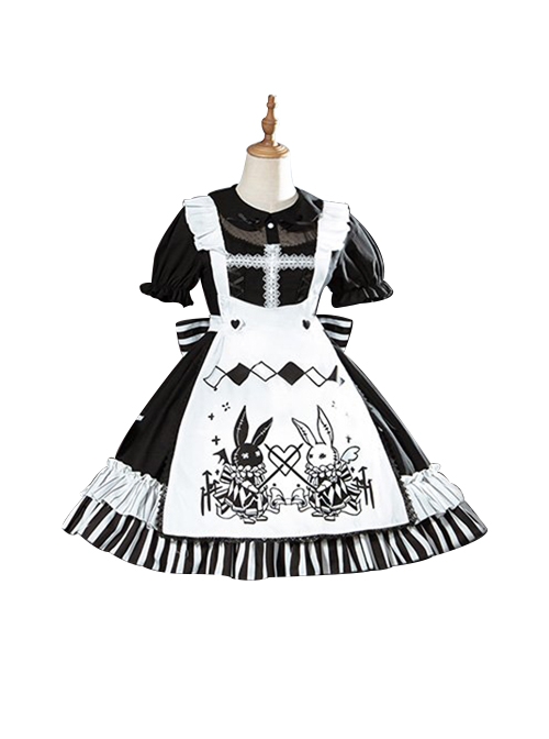 Strange Rabbit Series Cute Maid Style Rabbit Embroidered Apron Striped Hem Gothic Lolita Short Sleeve Dress