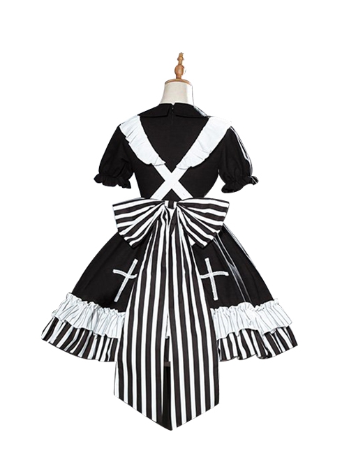 Strange Rabbit Series Cute Maid Style Rabbit Embroidered Apron Striped Hem Gothic Lolita Short Sleeve Dress