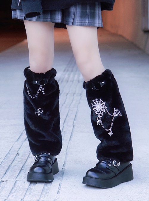 Halloween Spider Cobweb Fall Winter Warm Black Plush Punk Lolita Leg Covers