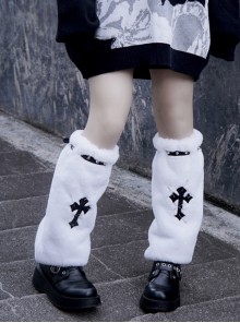 Handmade Autumn Winter Warm Cross Embroidered White Plush Cool Punk Lolita Leg Covers
