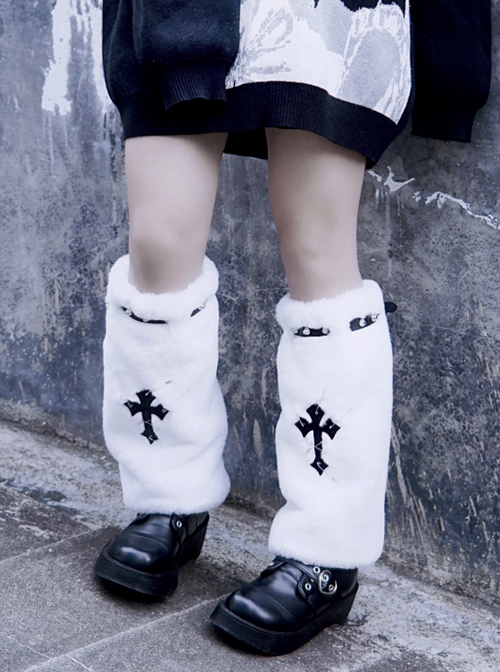 Handmade Autumn Winter Warm Cross Embroidered White Plush Cool Punk Lolita Leg Covers