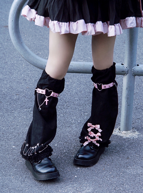 Heart Cutout Pink Leather Rivets Decoration Sweet Cool Bow-Knot Punk Lolita Leg Covers