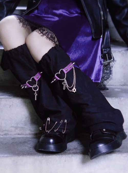 Purple Studs Leather Metal Chain Decor Cool Girls Punk Lolita Leg Covers