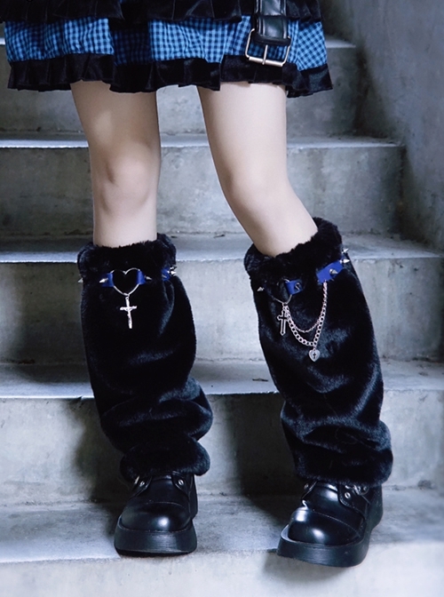 Autumn Winter Warm Black Plush Hollow Love Rivets Leather Cross Metal Chain Punk Lolita Leg Covers