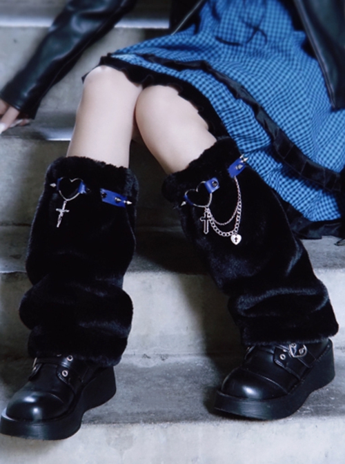 Autumn Winter Warm Black Plush Hollow Love Rivets Leather Cross Metal Chain Punk Lolita Leg Covers