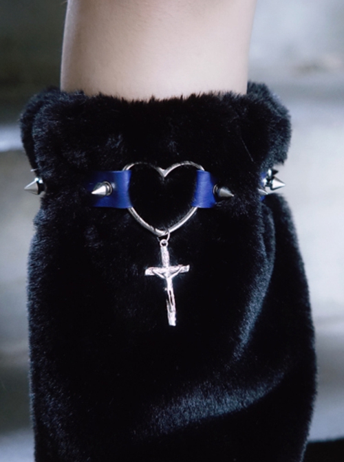 Autumn Winter Warm Black Plush Hollow Love Rivets Leather Cross Metal Chain Punk Lolita Leg Covers