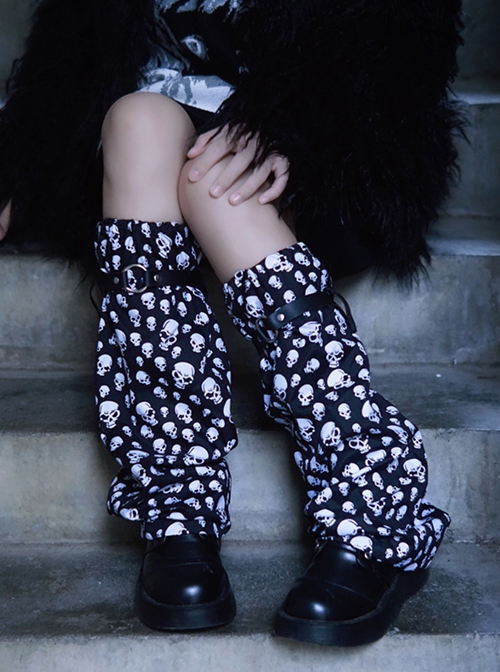 Black Skull Print Leather Halloween Rock Punk Lolita Leg Covers