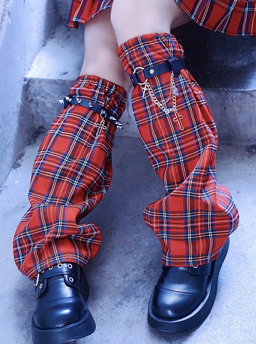 Scottish Red Grid Classic Guard Sweetheart Rock Metal Chain Rivet Punk Lolita Leg Covers