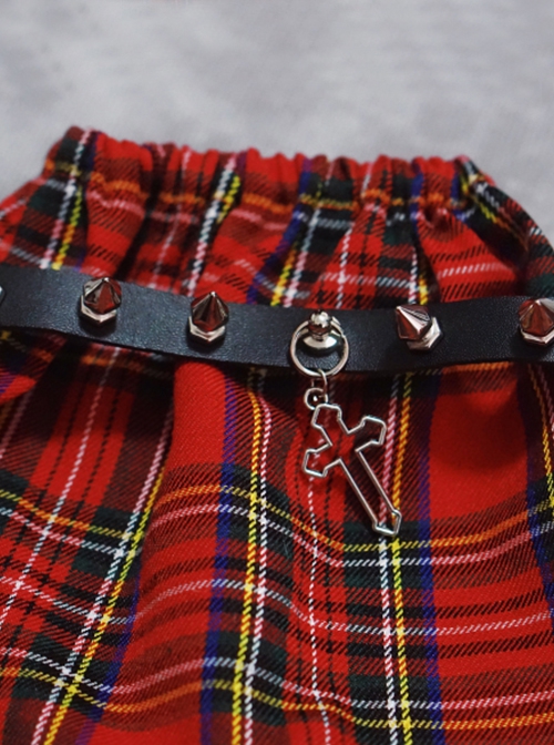 Scottish Red Grid Classic Guard Sweetheart Rock Metal Chain Rivet Punk Lolita Leg Covers