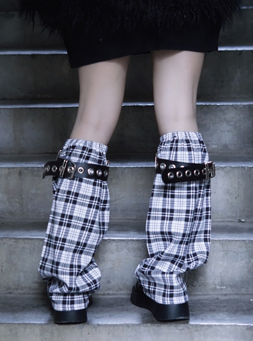Black-White Plaid Leather Buckle Handmade Dark Punk Lolita Leg Covers