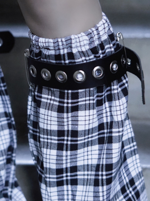 Black-White Plaid Leather Buckle Handmade Dark Punk Lolita Leg Covers