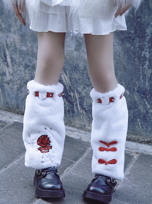 Chinese Style Plush Autumn Winter Warm Metal Rivet Pin Embroidery Dragon Sweet Cool Girl Punk Lolita Leg Covers