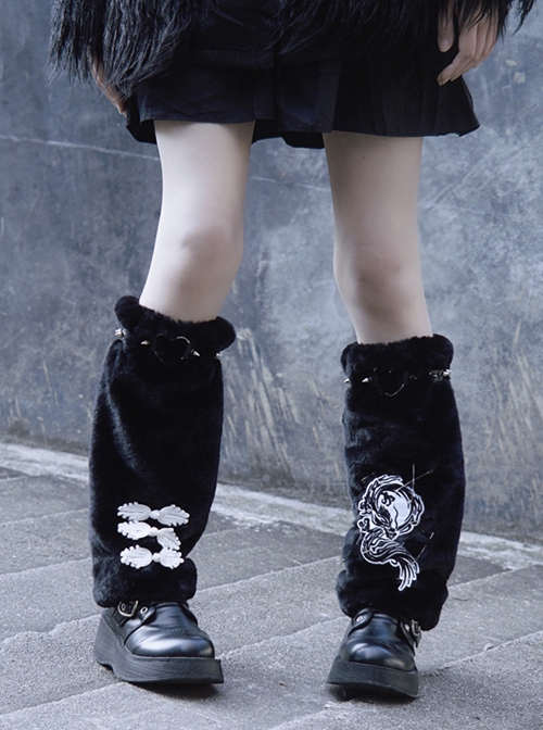 Chinese Style Plush Autumn Winter Warm Metal Rivet Pin Embroidery Dragon Sweet Cool Girl Punk Lolita Leg Covers