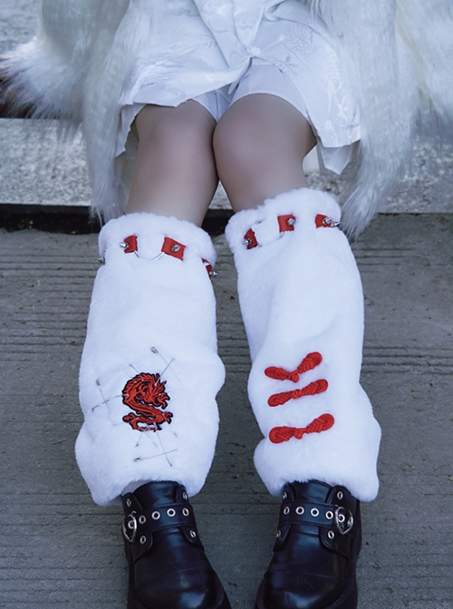 Chinese Style Plush Autumn Winter Warm Metal Rivet Pin Embroidery Dragon Sweet Cool Girl Punk Lolita Leg Covers