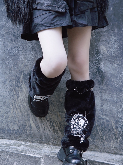 Chinese Style Plush Autumn Winter Warm Metal Rivet Pin Embroidery Dragon Sweet Cool Girl Punk Lolita Leg Covers