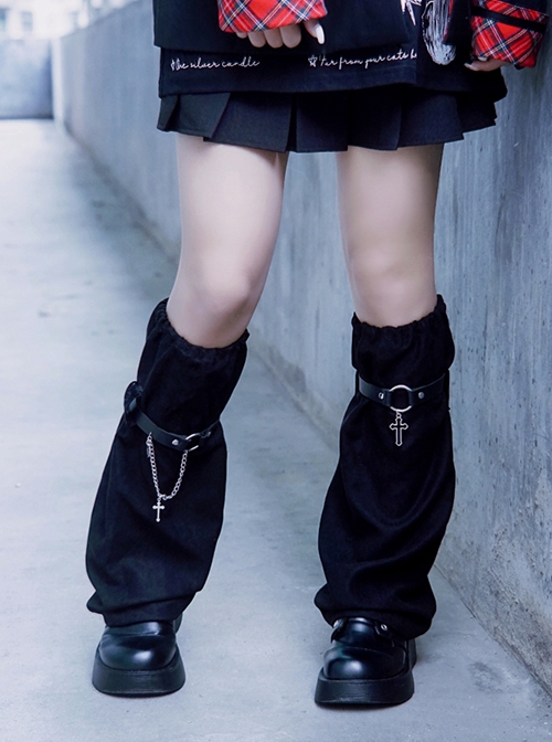 Simple Black Leather Metal Chain Decoration Cross Fall Winter Warm Punk Lolita Leg Covers