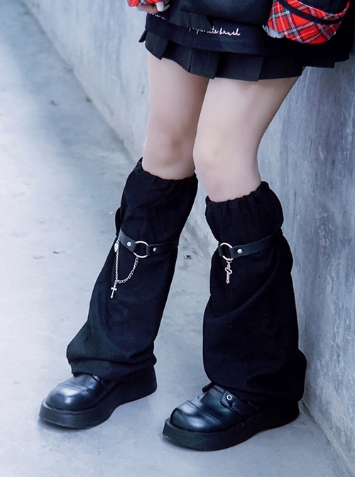 Simple Black Leather Metal Chain Decoration Cross Fall Winter Warm Punk Lolita Leg Covers