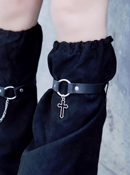 Simple Black Leather Metal Chain Decoration Cross Fall Winter Warm Punk Lolita Leg Covers