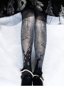 Halloween Scary Castle Spider Web Print Gothic Lolita Pantyhose