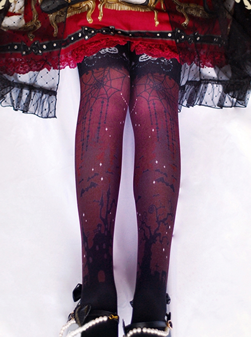 Halloween Scary Castle Spider Web Print Gothic Lolita Pantyhose