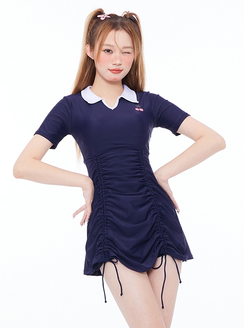 College Style Cute Age-Reducing Solid Color Lapel Drawstring Short-Sleeved Split Swimsuit