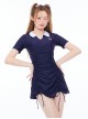 College Style Cute Age-Reducing Solid Color Lapel Drawstring Short-Sleeved Split Swimsuit