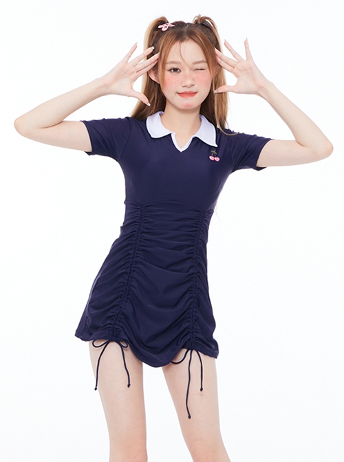 College Style Cute Age-Reducing Solid Color Lapel Drawstring Short-Sleeved Split Swimsuit