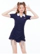 College Style Cute Age-Reducing Solid Color Lapel Drawstring Short-Sleeved Split Swimsuit