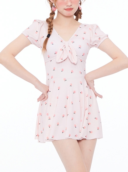 Sweet Pink Honey Peach Soft Sister V-Neck Short-Sleeved One-Piece Swimsuit