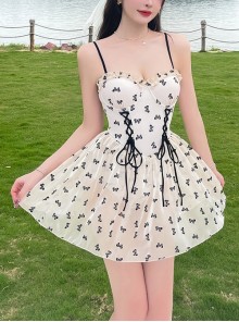 Bowknot Print Lacing Sexy Translucent Hem Sleeveless One-Piece Swimsuit