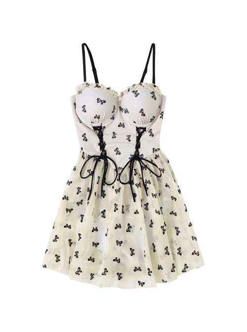 Bowknot Print Lacing Sexy Translucent Hem Sleeveless One-Piece Swimsuit