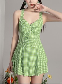 Green Plaid Fresh Hollow Sexy Summer Sleeveless One-Piece Swimsuit