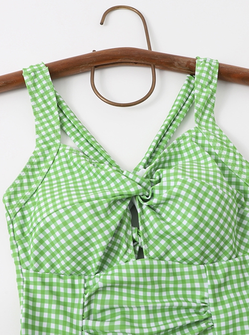 Green Plaid Fresh Hollow Sexy Summer Sleeveless One-Piece Swimsuit