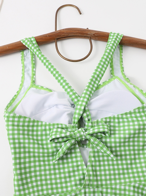 Green Plaid Fresh Hollow Sexy Summer Sleeveless One-Piece Swimsuit