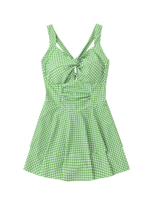 Green Plaid Fresh Hollow Sexy Summer Sleeveless One-Piece Swimsuit