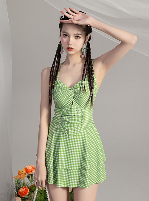 Green Plaid Fresh Hollow Sexy Summer Sleeveless One-Piece Swimsuit