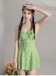 Green Plaid Fresh Hollow Sexy Summer Sleeveless One-Piece Swimsuit