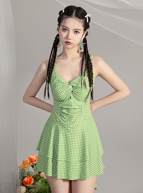 Green Plaid Fresh Hollow Sexy Summer Sleeveless One-Piece Swimsuit