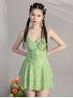 Green Plaid Fresh Hollow Sexy Summer Sleeveless One-Piece Swimsuit