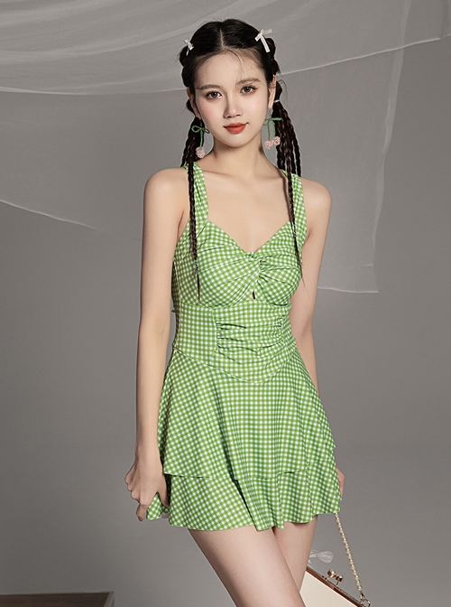 Green Plaid Fresh Hollow Sexy Summer Sleeveless One-Piece Swimsuit