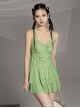 Green Plaid Fresh Hollow Sexy Summer Sleeveless One-Piece Swimsuit