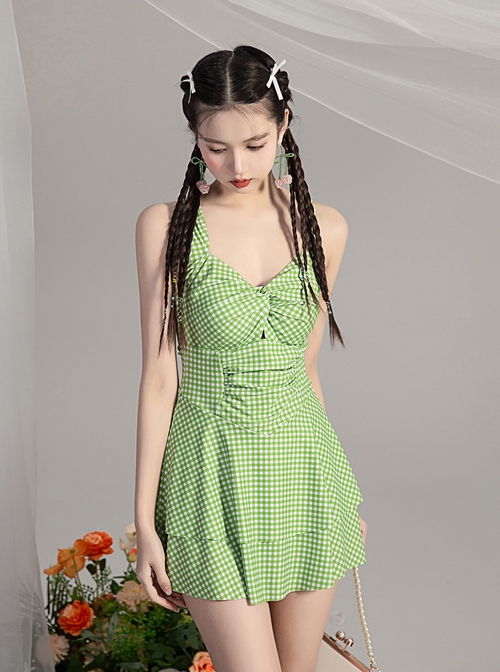 Green Plaid Fresh Hollow Sexy Summer Sleeveless One-Piece Swimsuit