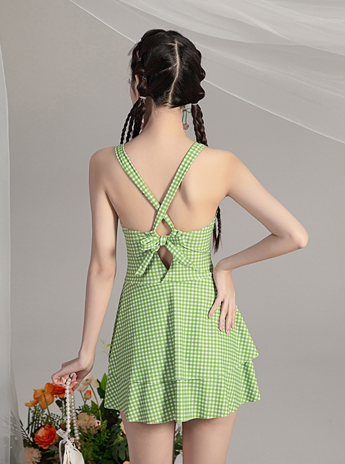 Green Plaid Fresh Hollow Sexy Summer Sleeveless One-Piece Swimsuit