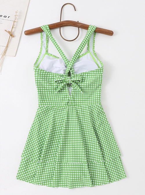 Green Plaid Fresh Hollow Sexy Summer Sleeveless One-Piece Swimsuit