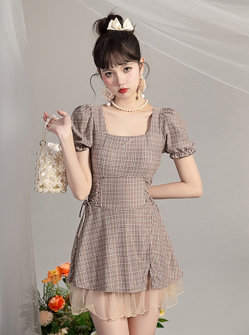 Elegant Square Neck Puff Sleeve Lacing Slim Fit Tulle Hem One-Piece Swimsuit