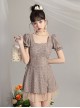 Elegant Square Neck Puff Sleeve Lacing Slim Fit Tulle Hem One-Piece Swimsuit