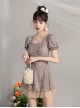 Elegant Square Neck Puff Sleeve Lacing Slim Fit Tulle Hem One-Piece Swimsuit