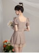 Elegant Square Neck Puff Sleeve Lacing Slim Fit Tulle Hem One-Piece Swimsuit