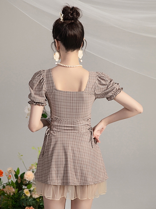 Elegant Square Neck Puff Sleeve Lacing Slim Fit Tulle Hem One-Piece Swimsuit