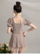 Elegant Square Neck Puff Sleeve Lacing Slim Fit Tulle Hem One-Piece Swimsuit